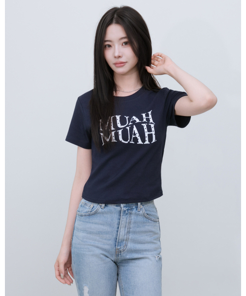 muahmuah（ムーアムーア）の「ハートポイントクロップ半袖Tシャツ[4色]（Tシャツ/カットソー・レディース・ブラック/アイボリー/ネイビー/アイボリー系・FREE）」の14枚目の写真