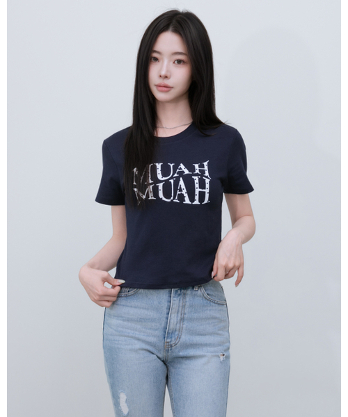 muahmuah（ムーアムーア）の「ハートポイントクロップ半袖Tシャツ[4色]（Tシャツ/カットソー・レディース・ブラック/アイボリー/ネイビー/アイボリー系・FREE）」の15枚目の写真