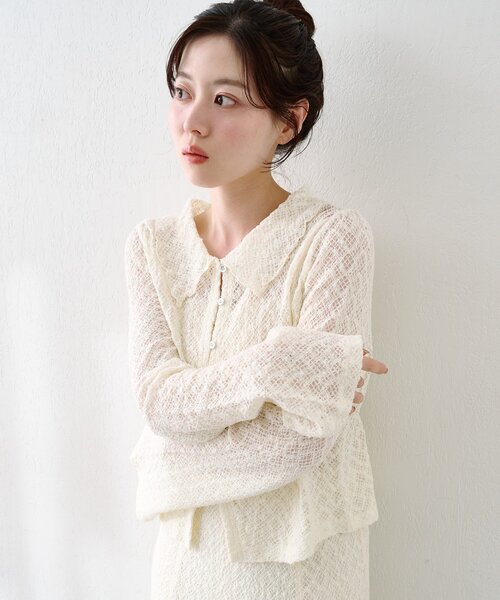 Kastane（カスタネ）の「【セットアップ対応】クロスジャガード衿付きカーディガン（カーディガン/ボレロ・レディース・ブラック/アイボリー/サックスブルー・FREE）」の4枚目の写真