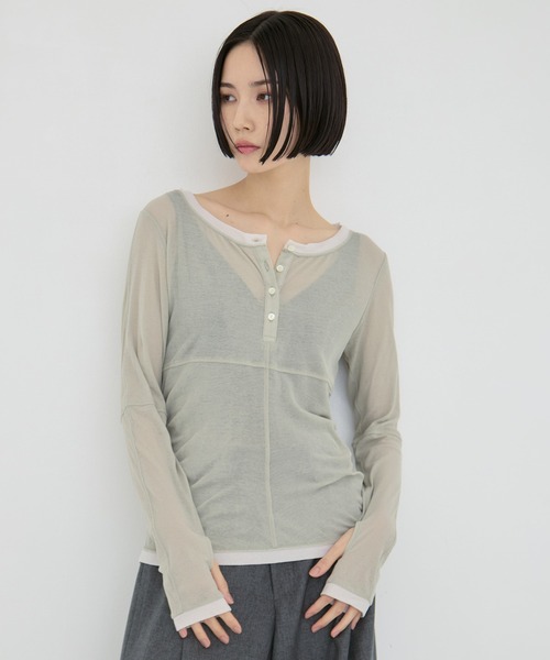 STUDIOUS（ステュディオス）の「【STUDIOUS/ステュディオス】2way Sheer Cotton Long Tee/ツーウェイシアーコットンロングティー（Tシャツ/カットソー・レディース・ブラック/セージグリーン/ブラウン・FREE）」の7枚目の写真