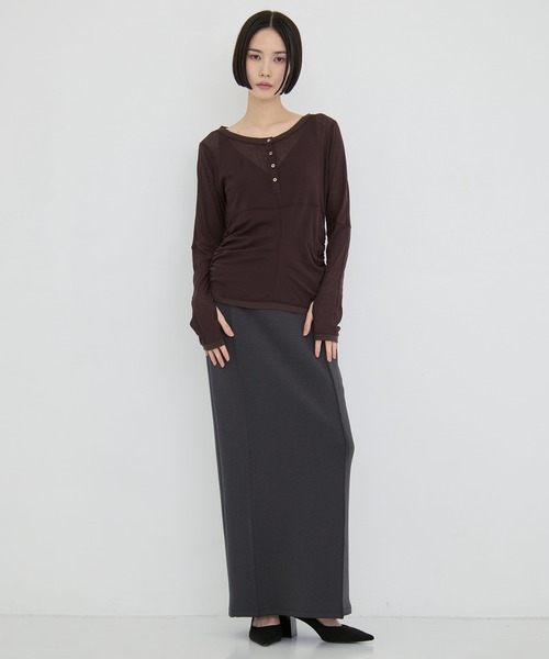 STUDIOUS（ステュディオス）の「【STUDIOUS/ステュディオス】2way Sheer Cotton Long Tee/ツーウェイシアーコットンロングティー（Tシャツ/カットソー・レディース・ブラック/セージグリーン/ブラウン・FREE）」の21枚目の写真