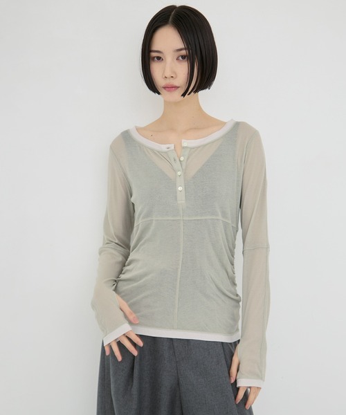 STUDIOUS（ステュディオス）の「【STUDIOUS/ステュディオス】2way Sheer Cotton Long Tee/ツーウェイシアーコットンロングティー（Tシャツ/カットソー・レディース・ブラック/セージグリーン/ブラウン・FREE）」の6枚目の写真