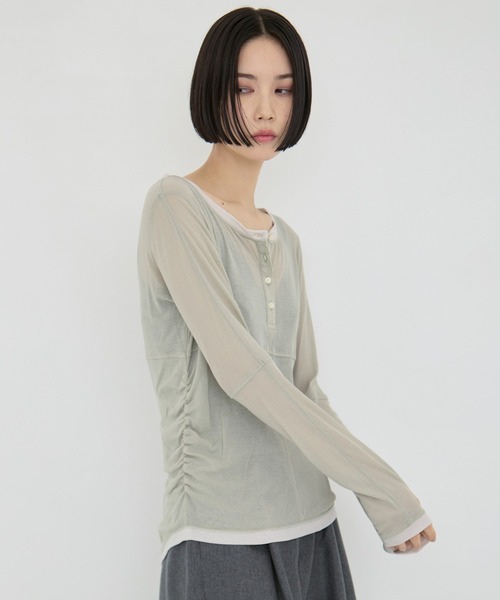 STUDIOUS（ステュディオス）の「【STUDIOUS/ステュディオス】2way Sheer Cotton Long Tee/ツーウェイシアーコットンロングティー（Tシャツ/カットソー・レディース・ブラック/セージグリーン/ブラウン・FREE）」の8枚目の写真