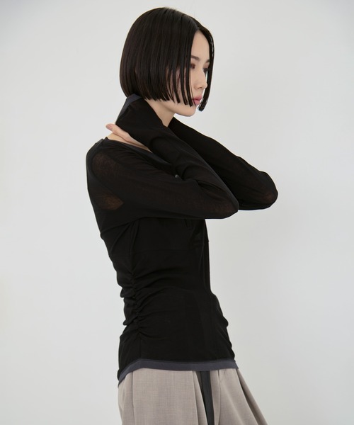 STUDIOUS（ステュディオス）の「【STUDIOUS/ステュディオス】2way Sheer Cotton Long Tee/ツーウェイシアーコットンロングティー（Tシャツ/カットソー・レディース・ブラック/セージグリーン/ブラウン・FREE）」の10枚目の写真