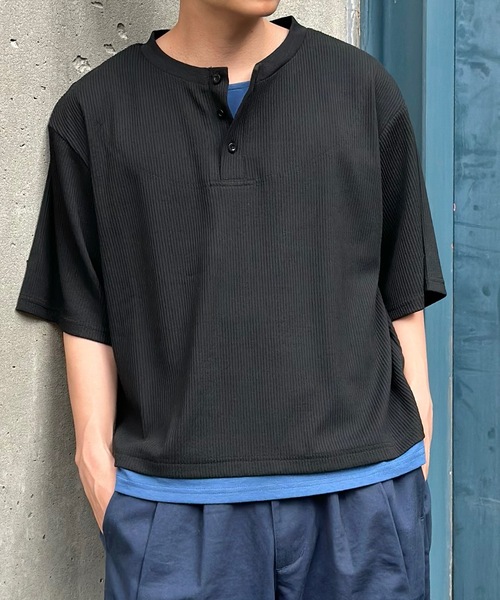 MandO（エムオー）（エムオー）の「レイヤードライクショートヘンリーTシャツ（Tシャツ/カットソー・メンズ・ネイビー/オフホワイト/ブラック・LARGE/MEDIUM）」の2枚目の写真