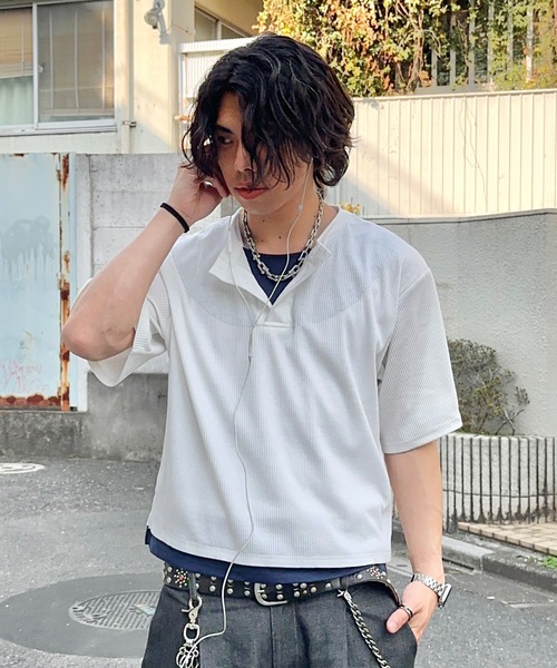 MandO（エムオー）（エムオー）の「レイヤードライクショートヘンリーTシャツ（Tシャツ/カットソー・メンズ・ネイビー/オフホワイト/ブラック・LARGE/MEDIUM）」の4枚目の写真