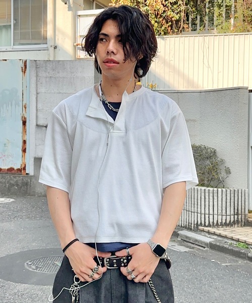 MandO（エムオー）（エムオー）の「レイヤードライクショートヘンリーTシャツ（Tシャツ/カットソー・メンズ・ネイビー/オフホワイト/ブラック・LARGE/MEDIUM）」の5枚目の写真