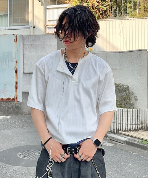 MandO（エムオー）（エムオー）の「レイヤードライクショートヘンリーTシャツ（Tシャツ/カットソー・メンズ・ネイビー/オフホワイト/ブラック・LARGE/MEDIUM）」の6枚目の写真
