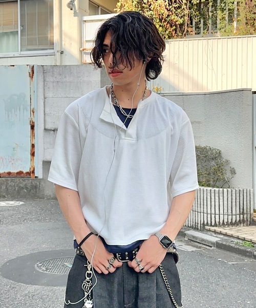 MandO（エムオー）（エムオー）の「レイヤードライクショートヘンリーTシャツ（Tシャツ/カットソー・メンズ・ネイビー/オフホワイト/ブラック・LARGE/MEDIUM）」の8枚目の写真