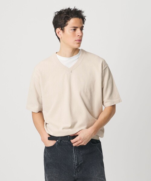 BEAUTY&YOUTH UNITED ARROWS(ビューティーアンドユースユナイテッドアローズ)の「KNITEE クリンプコットン Vネック ニット Tシャツ ウォッシャブル(ニット/セーター・メンズ・ブラック/ナチュラル・L/S/M/XL)」の2枚目の写真