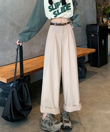 ワイドパンツ レディース タックパンツ ロング ハイウエスト ベルト付き 無地 ゆったり ストレート