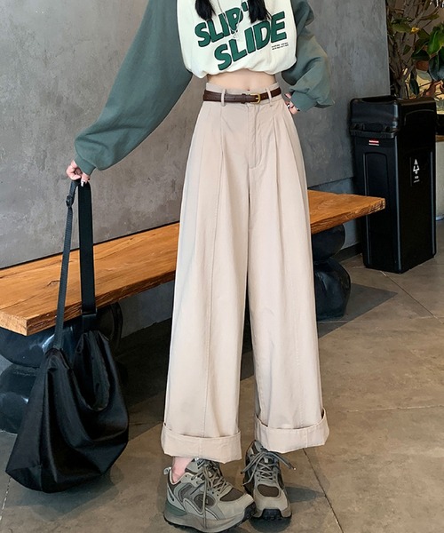 2ly2(トゥーリートゥー)の「ワイドパンツ レディース タックパンツ ロング ハイウエスト ベルト付き 無地 ゆったり ストレート(その他パンツ・レディース・ベージュ/ネイビー/ボルドー/ホワイト・FREE)」の3枚目の写真