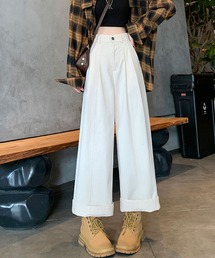 ワイドパンツ レディース タックパンツ ロング ハイウエスト ベルト付き 無地 ゆったり ストレート