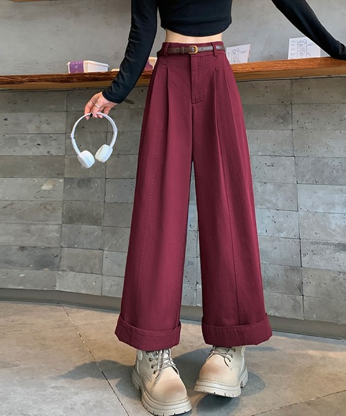 2ly2(トゥーリートゥー)の「ワイドパンツ レディース タックパンツ ロング ハイウエスト ベルト付き 無地 ゆったり ストレート(その他パンツ・レディース・ベージュ/ネイビー/ボルドー/ホワイト・FREE)」の2枚目の写真