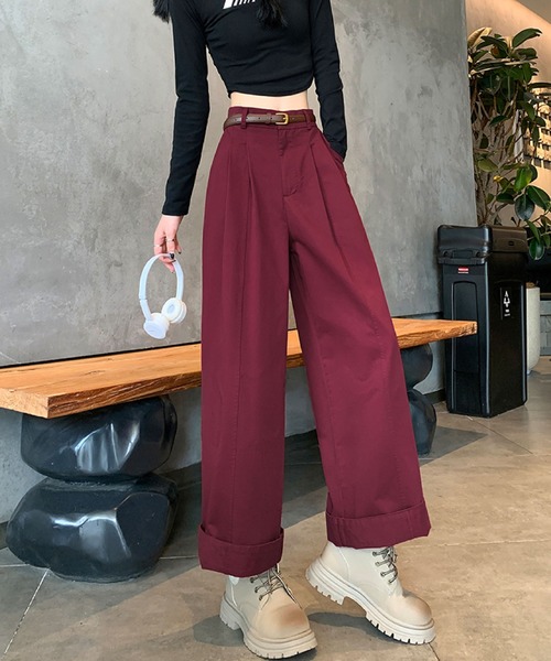 2ly2(トゥーリートゥー)の「ワイドパンツ レディース タックパンツ ロング ハイウエスト ベルト付き 無地 ゆったり ストレート(その他パンツ・レディース・ベージュ/ネイビー/ボルドー/ホワイト・FREE)」の12枚目の写真