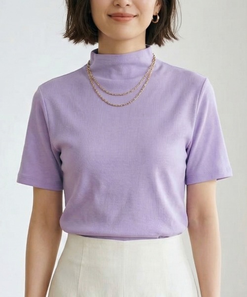 Belta attrice(ベルタアトリーチェ)の「【汗冷え防止 】強撚コットン100 モックネック 半袖 フライスTシャツ / 薄手 インナー カットソー(Tシャツ/カットソー・レディース・イエロー/ラベンダー/ピンク/ダークネイビー/ホワイト/オレンジ/ミント/ライトピンク/ライトブルー・FREE/M~L/フリー)」の5枚目の写真