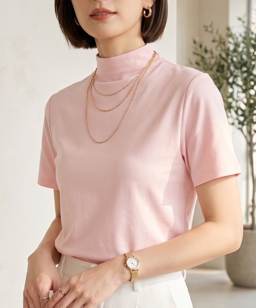Belta attrice(ベルタアトリーチェ)の「【汗冷え防止 】強撚コットン100 モックネック 半袖 フライスTシャツ / 薄手 インナー カットソー(Tシャツ/カットソー・レディース・イエロー/ラベンダー/ピンク/ダークネイビー/ホワイト/オレンジ/ミント/ライトピンク/ライトブルー・FREE/M~L/フリー)」の8枚目の写真