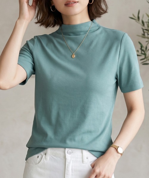 Belta attrice(ベルタアトリーチェ)の「【汗冷え防止 】強撚コットン100 モックネック 半袖 フライスTシャツ / 薄手 インナー カットソー(Tシャツ/カットソー・レディース・イエロー/ラベンダー/ピンク/ダークネイビー/ホワイト/オレンジ/ミント/ライトピンク/ライトブルー・FREE/M~L/フリー)」の2枚目の写真