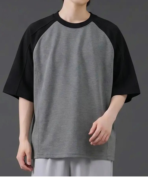 revertical(リバーティカル)の「バイカラー ラグランスリーブ クルーネックTシャツ/配色切替 半袖カットソー(Tシャツ/カットソー・メンズ・グレー/ブラック/ブラウン・MEDIUM/LARGE)」の1枚目の写真