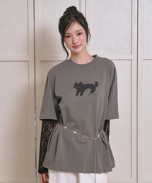 レース袖レイヤードキャットTシャツ[チャコールグレー]