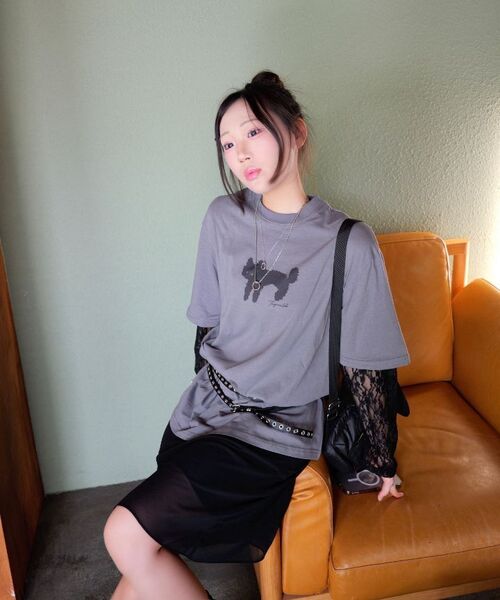 THE GREEN LAB（ザグリーンラボ）の「レース袖レイヤードキャットTシャツ[チャコールグレー]（Tシャツ/カットソー・レディース・その他・FREE）」の7枚目の写真