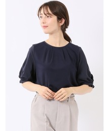Tシャツ プルオーバー レディース 半袖 ストレッチ クルーネック 無地 袖布帛 綺麗目