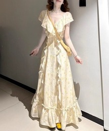 Vネックフリル花柄ロング丈ワンピース