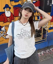 フラワーグラフィックプリント半袖Tシャツ