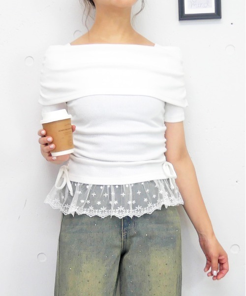 FUN(ファン)の「オフショルスソレースプルオーバー(Tシャツ/カットソー・レディース・ドット/ピンク/ブラック/オフホワイト・FREE)」の2枚目の写真