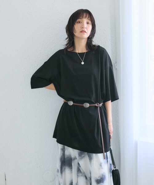 RIVE DROITE(リヴドロワ)の「【A・MONN】【吸水速乾/接触冷感】オープンネックチュニックTee(Tシャツ/カットソー・レディース・ホワイト/ブラック・FREE)」の6枚目の写真