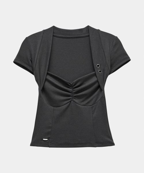 ETRE AU SOMMET（エトレオソメ）の「Shirring Eyelet Bolero top (Dark Gray)（Tシャツ/カットソー・レディース・ダークグレー・FREE）」の4枚目の写真