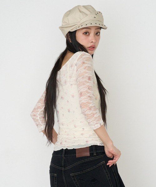 RAY CASSIN(レイカズン)の「レース花柄シアーロングTシャツ(Tシャツ/カットソー・レディース・アイボリー/ライトベージュ・FREE)」の15枚目の写真