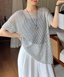 透け感を楽しむ メッシュサマーニット 透かし編みニット 半袖 麻混 メッシュ トップス オーバーサイズ メッシュニット サマーニット レイヤード 重ね着 夏 夏服