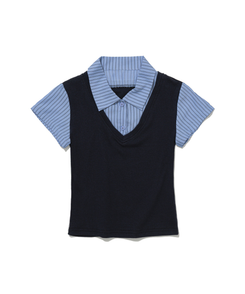 MOAA（モア）の「プレッピー レイヤードカラー ニットトップ（シャツ/ブラウス・レディース・ネイビー・SMALL/MEDIUM）」の4枚目の写真