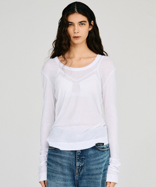 PRANK PROJECT(プランクプロジェクト)の「【2026Autumn Pre-Order】スクープネックシアートップス / Scoop Neck Sheer Top(Tシャツ/カットソー・レディース・ブラック/ホワイト/ライトグレー・FREE)」の2枚目の写真