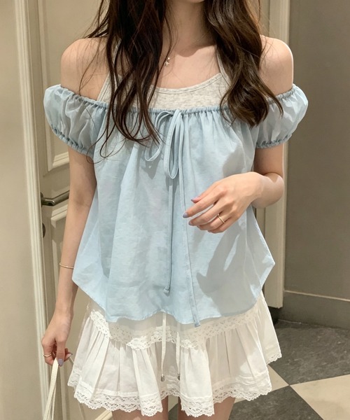 Girly Doll（ガーリードール）の「オフショルギャザーリボン付きブラウス（シャツ/ブラウス・レディース・ブルー/ピンク・FREE）」の7枚目の写真