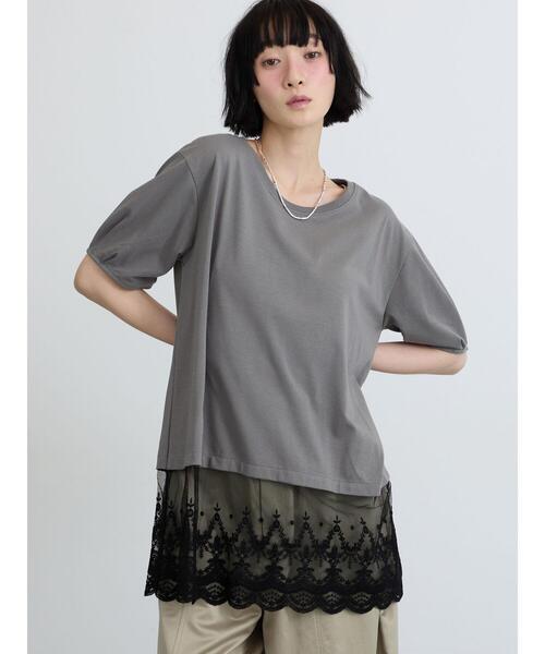 Samansa Mos2(サマンサ モスモス)の「◇【接触冷感】裾チュールチュニックTシャツ(Tシャツ/カットソー・レディース・ブラック/オフホワイト/グレー・F)」の1枚目の写真
