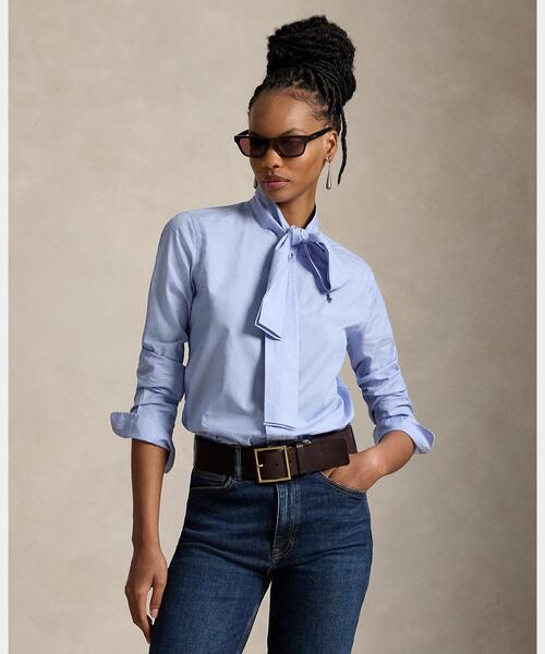 人気新品POLO RALPH LAURENブラウス シャツ タイネック コットン スリム フィット コットン タイネック シャツ（シャツ/ブラウス