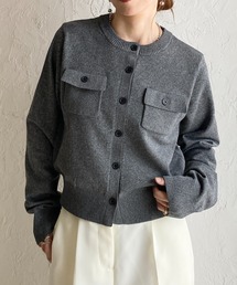 長袖 フロント 胸ポケット 配色ボタン ショートニットカーディガン