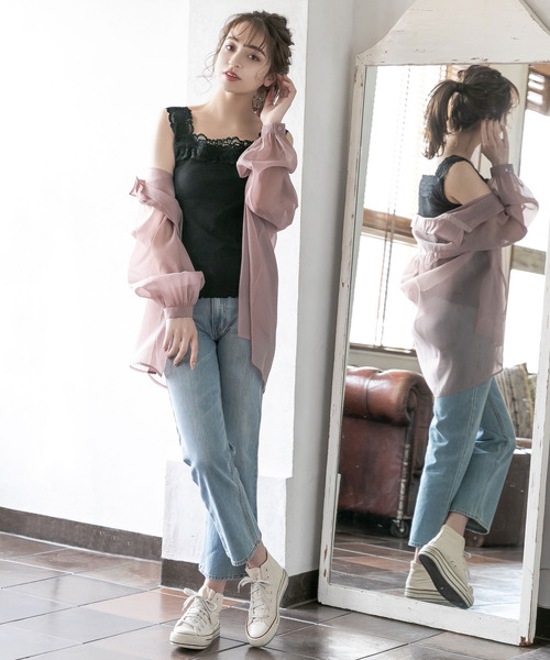 Newlyme(ニューリーミー)の「ショルダーレース裾フリルリブキャミソール(キャミソール・レディース・ホワイト/ブラック/ピンク/モカ/ラベンダー/ベージュ/ブルー/サンドベージュ/ブラウン/ピンクベージュ・MEDIUM/LARGE/X-LARGE/SMALL/XX-LARGE)」の15枚目の写真