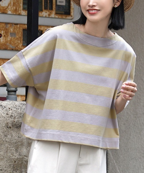 apartment department(アパートメントデパートメント)の「ワイドボーダー ボートネックTシャツ(Tシャツ/カットソー・レディース・ホワイト×イエロー/ブラウン系その他/ネイビー/ブラウン/ライトブルー/杢グレー/ブラック/イエロー×グレー/ネイビー系/ホワイト×ブラック/ホワイト×グレー/ホワイト×グリーン・フリー/S/M)」の12枚目の写真
