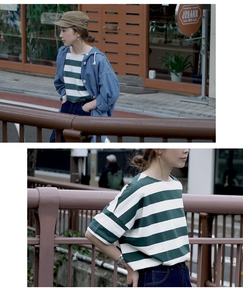 apartment department(アパートメントデパートメント)の「ワイドボーダー ボートネックTシャツ(Tシャツ/カットソー・レディース・ホワイト×イエロー/ブラウン系その他/ネイビー/ブラウン/ライトブルー/杢グレー/ブラック/イエロー×グレー/ネイビー系/ホワイト×ブラック/ホワイト×グレー/ホワイト×グリーン・フリー/S/M)」の19枚目の写真
