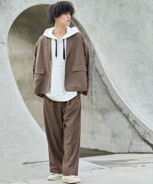 act'm（アクトム）の「【上下セット】T/Rセットアップ/オーバーサイズテーラードジャケット&ワイドスラックス（セットアップ・メンズ・ブラック/モカ/チョコ/チェック/グレイッシュベージュ/ライトブルーグレー・S/M/L）」の8枚目の写真