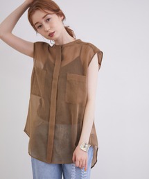 MADEMOISELLE ROPE' | シアーバンドカラーノースリーブシャツ(シャツ/ブラウス)