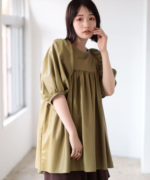 BeAMS DOT（ビームスドット）の「【WEB限定】BeAMS DOT / ボリューム フェイクレザーブラウス（シャツ/ブラウス・レディース・ブラック/グリーン系その他・FREE）」の3枚目の写真