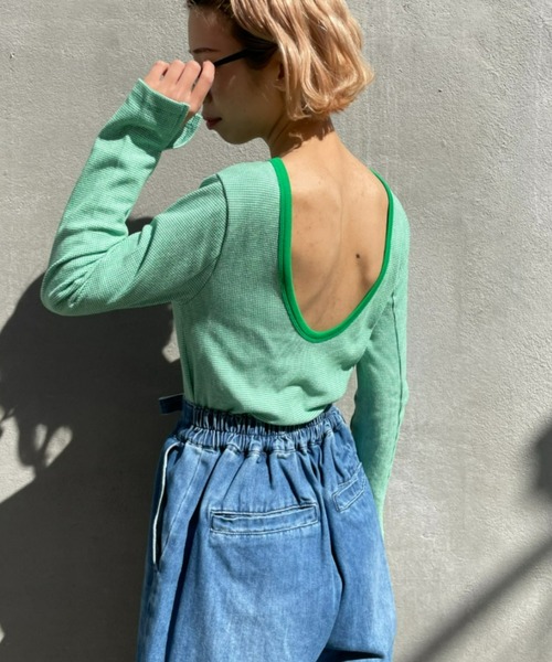 CIAOPANIC（チャオパニック）の「嬉しいパット付き！ジャガードバックオープンプルオーバー（Tシャツ/カットソー・レディース・ブラック/オレンジ/ブルー/グリーン・FREE）」の16枚目の写真