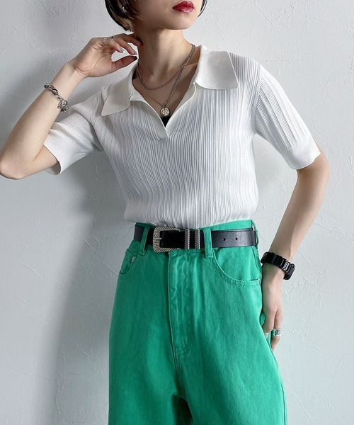 PAGEBOY（ページボーイ）の「ランダムリブポロニット（ニット/セーター・レディース・ブラック/オフホワイト/コーラルピンク・FREE）」の2枚目の写真