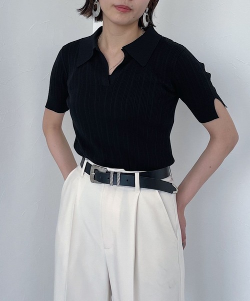 PAGEBOY（ページボーイ）の「ランダムリブポロニット（ニット/セーター・レディース・ブラック/オフホワイト/コーラルピンク・FREE）」の13枚目の写真