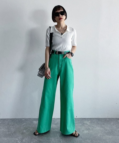 PAGEBOY（ページボーイ）の「ランダムリブポロニット（ニット/セーター・レディース・ブラック/オフホワイト/コーラルピンク・FREE）」の4枚目の写真