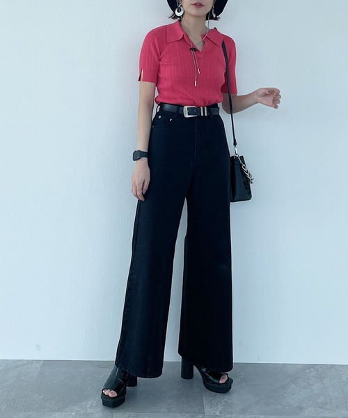 PAGEBOY（ページボーイ）の「ランダムリブポロニット（ニット/セーター・レディース・ブラック/オフホワイト/コーラルピンク・FREE）」の8枚目の写真